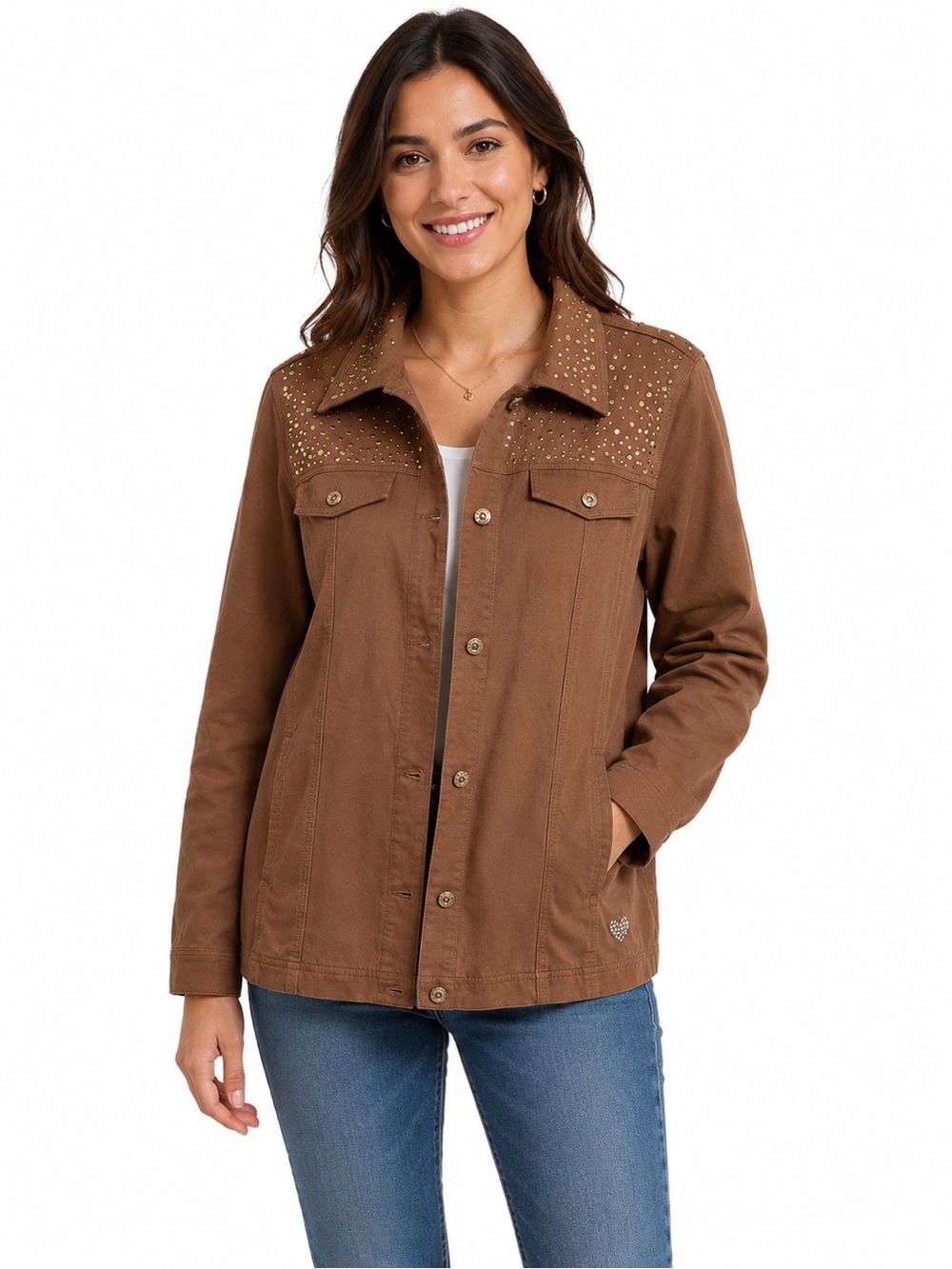Quacker Factory Studded Brown Jacket Size Medium Embellished Button Front NWT